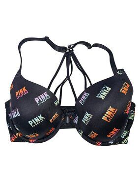 Victorias Secret Pink Lightly Lined Strappy T-Shirt Bra 36D Black All-Over Logos
